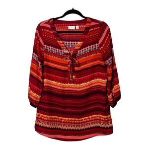 Kim Rogers Womens Medium Red Orange Striped‎ Lace Up 3/4 Sleeve Boho Blouse Top
